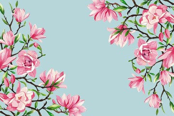Fototapeta premium frame of Magnolia Pink Floral Frame with Pink Flowers and Green Leaves Illustration bloom in a beautiful garden, showcasing the magnolia blossom in full summer bloom watercolor hand drawn