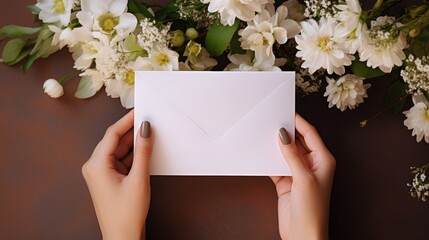 An envelope with a mock-up of a note made of blank paper in the hands of a woman and flowers on the table. View from above. An invitation, a postcard and a letter.