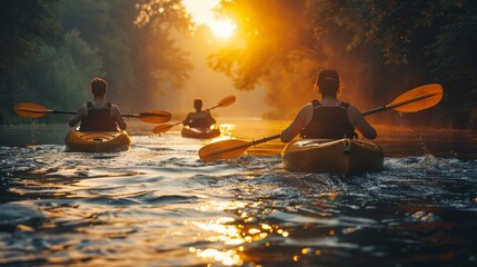 A group of individuals are paddling in watercraft down a river at sunset