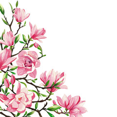 Magnolia frame of Magnolia Pink Floral Frame with Pink Flowers and Green Leaves Illustration bloom in a beautiful garden, showcasing the magnolia blossom in full summer bloom watercolor hand drawn