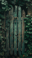 Secret Garden: Weathered Wooden Gate Entwined with Ivy, a Rustic Entrance to an Overgrown Hidden Oasis.