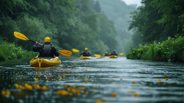 A group of paddlers are navigating their watercraft down a river