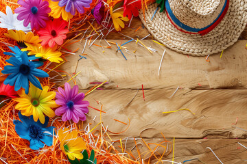 Straw hat, flowers, and paper-cut elements arranged on a wooden floor with copy space, related to Festa Junina