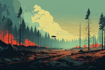Deurstickers A wildfire burns through a dense forest, leaving behind charred trees and a smoky sky. The scene is one of devastation, but also of beauty, as the fire creates a surreal landscape. © Dipsky
