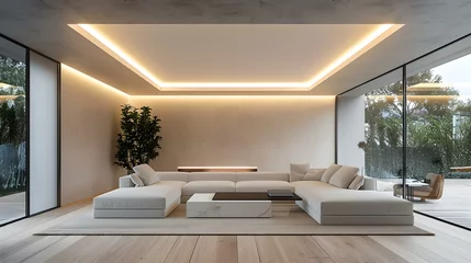 Poster Installing Modern LED Lighting on a Suspended Ceiling in a Minimalist Living Room Setting. Concept Home Renovation, LED Lighting, Suspended Ceiling, Minimalist Design, Modern Living Room © Anastasiia