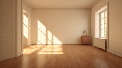 Obraz premium Soft sunlight streaming through the window of an empty room with a vintage cabinet