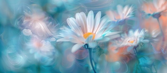 A blurred depiction of white daisies arranged in a vase, creating a soft and indistinct visual effect. The flowers appear slightly out of focus, giving off a dreamy and hazy impression.