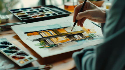 A close-up of a designer's hand is a watercolor of a modern house on paper.