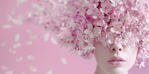 Close up of woman head covered with pink cherry blossoms creating a floral mask