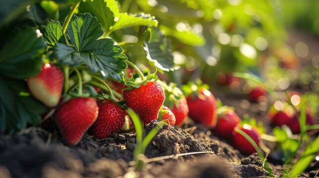 Bunches of ripe strawberries in a garden image highlight the summer harvest, offering a juicy, nutritious and vegetarian option for health-conscious consumers.