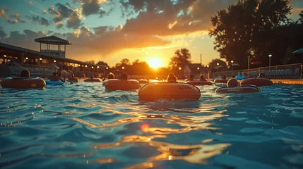 Photo sur Plexiglas Coucher de soleil sur la plage A group of people float on inner tubes in a pool at sunset