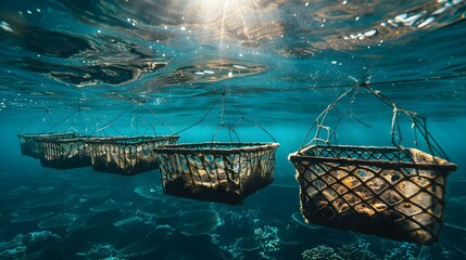 Oyster cages suspended in ocean at pearl farm with underwater view. Concept Ocean Farming, Pearl Culture, Aquaculture, Underwater Environment, Oyster Cages