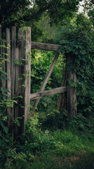Serene Nature Reclaiming an Old Wooden Fence, Overgrown Greenery in a Lush Forest, Symbol of Peaceful Abandonment.