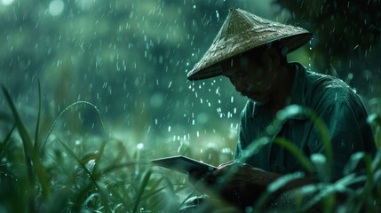 Farmer with Tablet in Rain