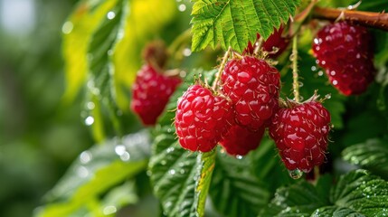 Ripe berries with water droplets adorn a healthy raspberry bush in the garden, symbolizing the sweet and natural outcome of successful gardening.