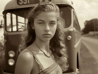 Vintage Girl in Front of Bus in Sepia