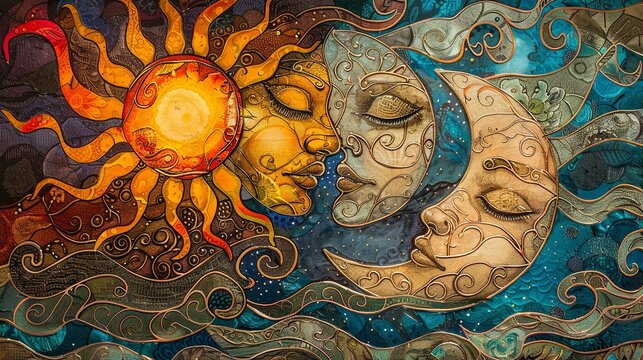 Create a vibrant and intricate art piece depicting the sun and moon embracing in a celestial dance