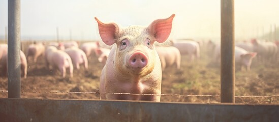 A pig with pink skin and a curly tail is peering out from behind a wooden fence on a farm. The pig looks curious and alert as it observes its surroundings. - Powered by Adobe