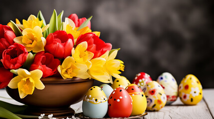Obraz premium Easter eggs and tulips on a wooden background. Selective focus.. Greeting card on an Easter theme. Happy Easter concept.
