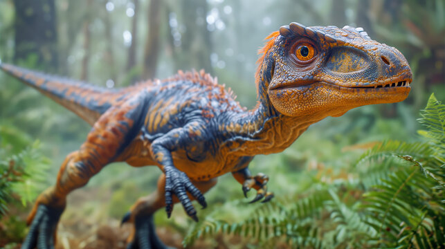 Velociraptor in a misty prehistoric forest