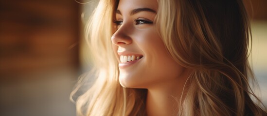 A close-up view of a young Caucasian woman with long blonde hair, smiling and looking down. Her features are prominently displayed, showcasing her beauty and charm.