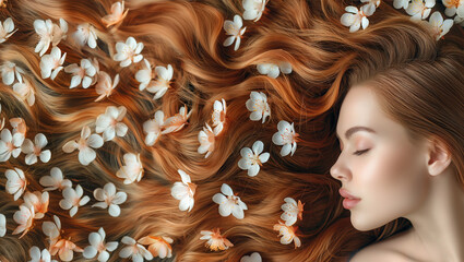 Young woman with cherry blossoms in her flowing auburn hair, top view copy space - obrazy, fototapety, plakaty