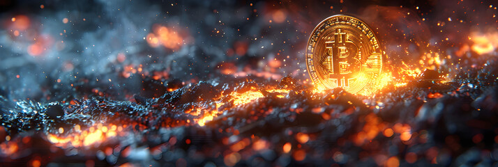Bitcoin and cryptocurrency concept,
Flames with a lot of sparks coming out from it






 - obrazy, fototapety, plakaty