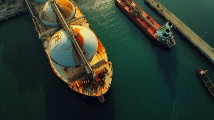 Fototapeta na wymiar Aerial view of oil storage tanks, oil refinery at oil depot, transportation of fuel energy by tanker.