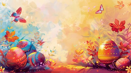 A colorful digital artwork of Easter eggs and butterflies in a bright, springtime setting