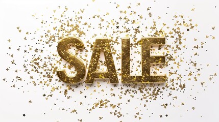 Glittery gold 'SALE' sign with sparkling confetti on a white background