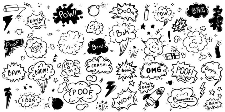 Comic cartoon line bomb explosion. Hand drawn cartoon explosion bomb effect, splash, exclamation smoke element. Explosion speech bubble with pow, boom, omg text.