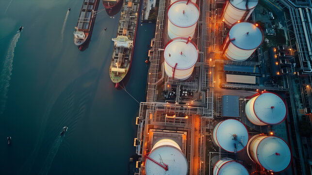 Aerial view of oil storage tanks, oil refinery at oil depot, transportation of fuel energy by tanker.