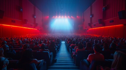 a crowd of people are sitting in an auditorium watching a concert