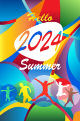 Hello Summer Sports 2024 competition abstract background, fireworks geometric shapes colorful elements, decoration, adventure Holiday travel sign,  kids camp vacation modern design concept template