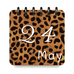 24 May. Leopard print calendar daily icon. White letters. Date day week Sunday, Monday, Tuesday, Wednesday, Thursday, Friday, Saturday.