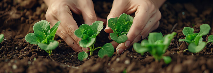 Closeup of hand planting lettuce seedlings in the ground at the garden. - obrazy, fototapety, plakaty
