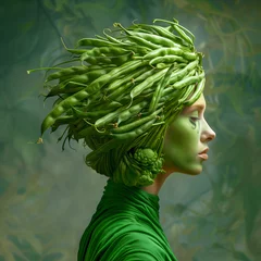 Badezimmer Foto Rückwand Profile of a woman with green body paint and a headdress made of green beans © ChaoticDesignStudio