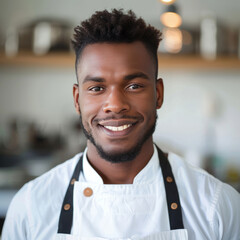 Obraz premium Attractive Afro-American man wearing a white apron. Perfect for culinary schools, cooking classes, restaurant advertisements, or chef-themed promotions
