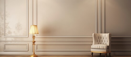 A room featuring a chair and a floor lamp. The chair is upholstered in a neutral fabric, while the lamp has a gold frame and a soft glow illuminating the space.
