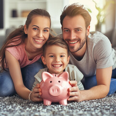 Happy family saving for the future with a piggy bank. Ideal for financial planning websites, family budgeting guides, or banking advertisements.