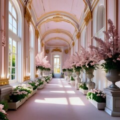 interior of a Victorian castle corridor decorated with flowers in a vase
