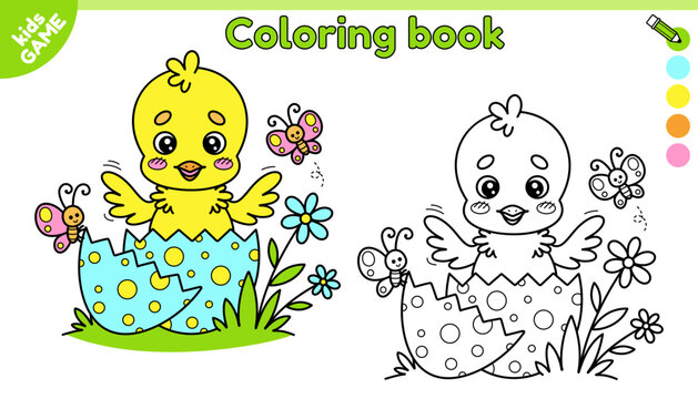 Page of kids Easter coloring book with cartoon chick hatched from egg. Color the outline picture. Small chicken in cracked egg. Activity for school children. Vector design on spring holiday theme.