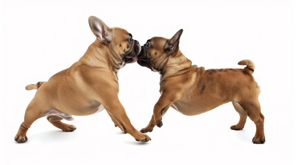 Two cute playful French Bulldogs puppy dogs playing with each other on a white background