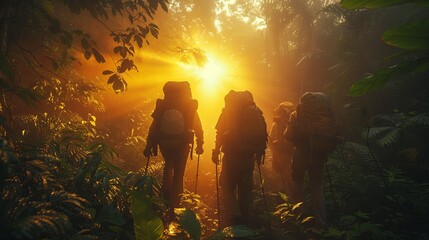a group of people are walking through a forest at sunset