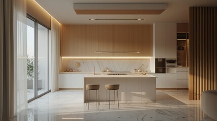 Fototapeta na wymiar Modern Contemporary kitchen room interior .white and wood material 3d render