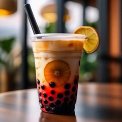Bubble tea in a glas  with mandarin or orange
