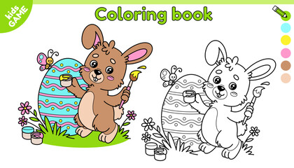 Page of kids Easter coloring book with cartoon rabbit. Cute hare paints the egg with a brush. Color the outline picture. Activity for school children. Baby vector illustration on spring holiday theme.