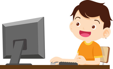 cute child sitting use computer to study