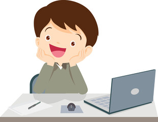 cute child sitting use computer to study