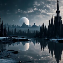 moonrise over the river fantastic castle